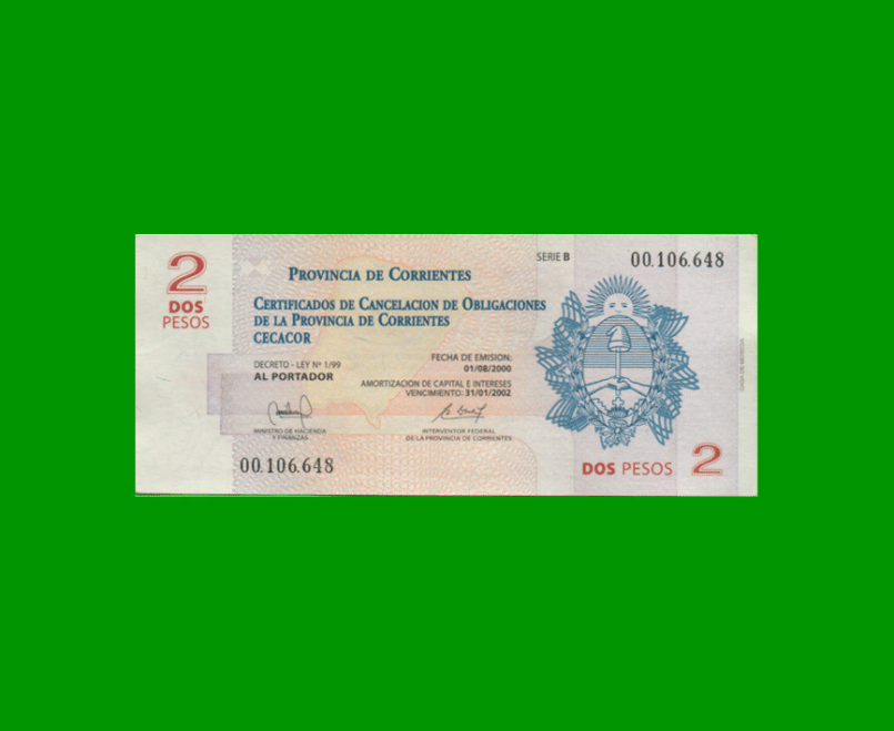 BONO CORRIENTES $2,00, EC 311, SERIE B, ESTADO EXCELENTE.-