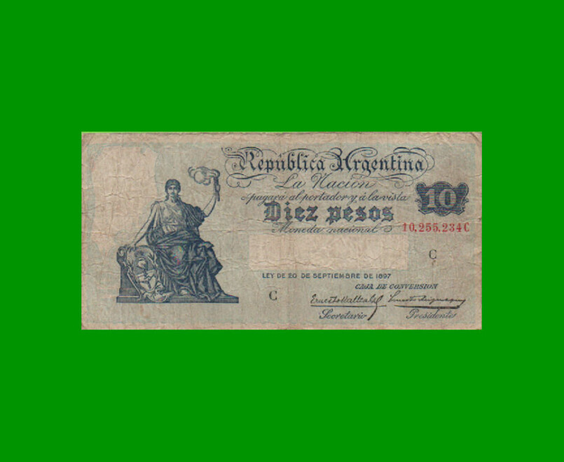 BILLETE CAJA DE CONVERSION $ 10,00, BOT 1634, AÑO 1934, ESTADO BUENO.-