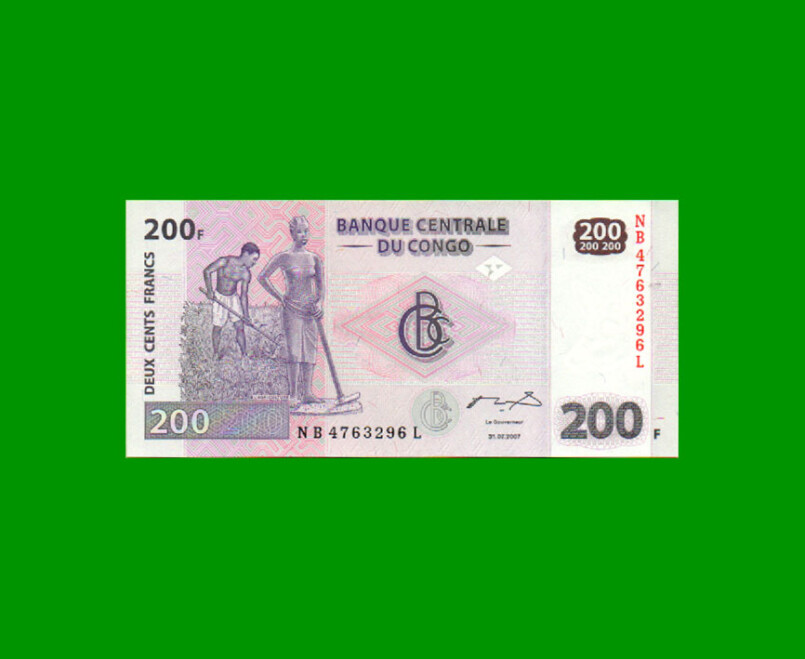 BILLETE DE CONGO 200 FRANCOS, PICK 99, AÑO 2007, ESTADO SIN CIRCULAR.-