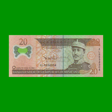 BILLETE DE REPUBLICA DOMINICANA POLYMERO $20,00 ORO PICK 182, AÑO 2009 ESTADO MUY BUENO.-