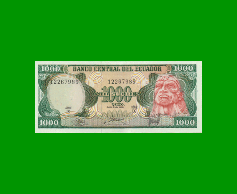 BILLETE DE ECUADOR 1000 SUCRES, PICK 125, AÑO 1988, ESTADO SIN CIRCULAR.-