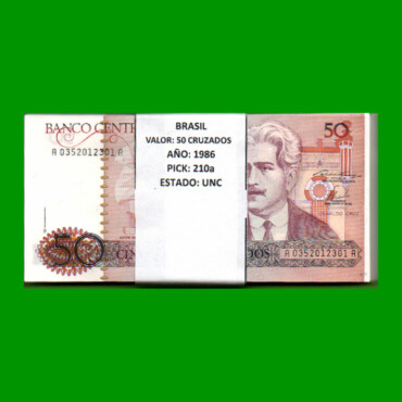 FAJO DE BILLETES DE BRASIL 50 CRUZADOS, PICK 210a, N°CAT 182, AÑO 1986, ESTADO SIN CIRCULAR.-