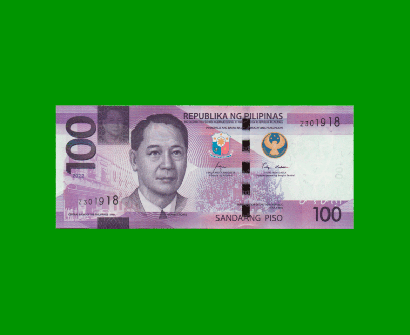 BILLETE DE FILIPINAS 100 PISO, PICK 225, AÑO 2022, ESTADO SIN CIRCULAR.-