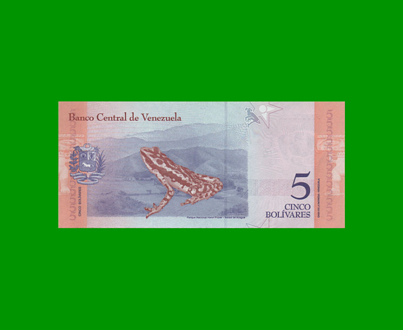 BILLETE DE VENEZUELA 5 BOLIVARES, PICK 102, AÑO 2018, ESTADO SIN CIRCULAR.- - Imagen 2