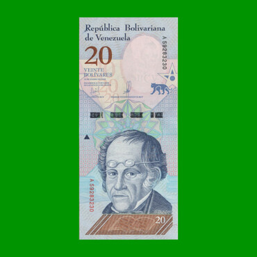 BILLETE DE VENEZUELA 20 BOLIVARES, PICK 104, AÑO 2018, ESTADO SIN CIRCULAR.-