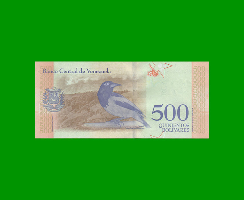 BILLETE DE VENEZUELA 500 BOLIVARES, PICK 108, AÑO 2018, ESTADO EXCELENTE+. - - Imagen 2