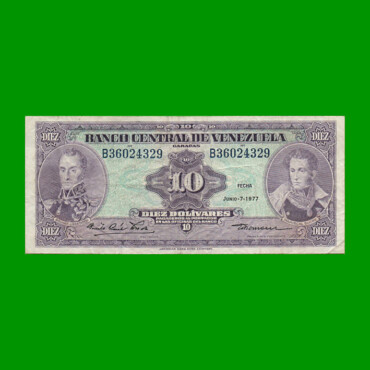BILLETE DE VENEZUELA 10 BOLIVARES, PICK 51f, AÑO 1977, ESTADO MUY BUENO-. -