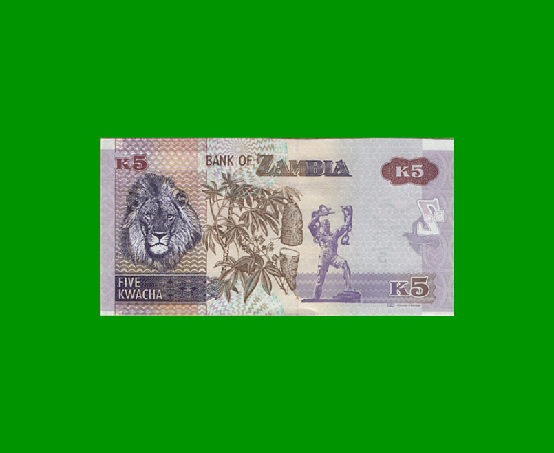 BILLETE DE ZAMBIA 5 KWACHA, PICK 50, AÑO 2012, ESTADO SIN CIRCULAR.- - Imagen 2