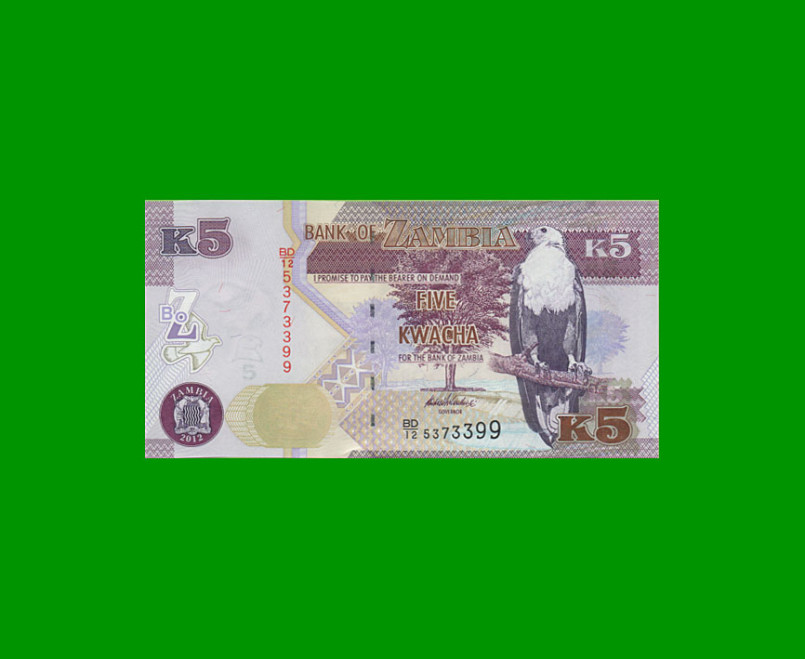 BILLETE DE ZAMBIA 5 KWACHA, PICK 50, AÑO 2012, ESTADO SIN CIRCULAR.-