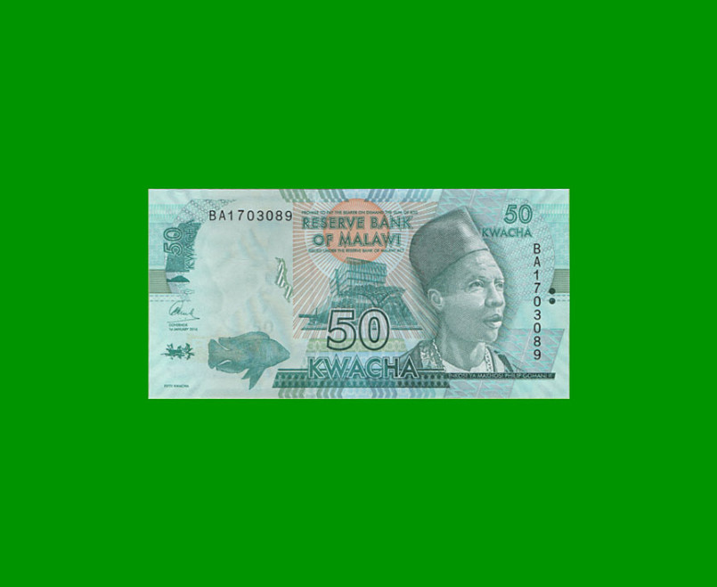 BILLETE DE MALAWI 50 KWACHA, PICK 64, AÑO 2016 ESTADO SIN CIRCULAR.