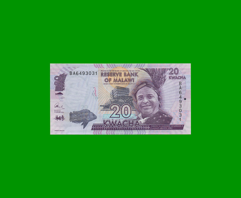 BILLETE DE MALAWI 20 KWACHA, PICK 63, AÑO 2016 ESTADO SIN CIRCULAR.