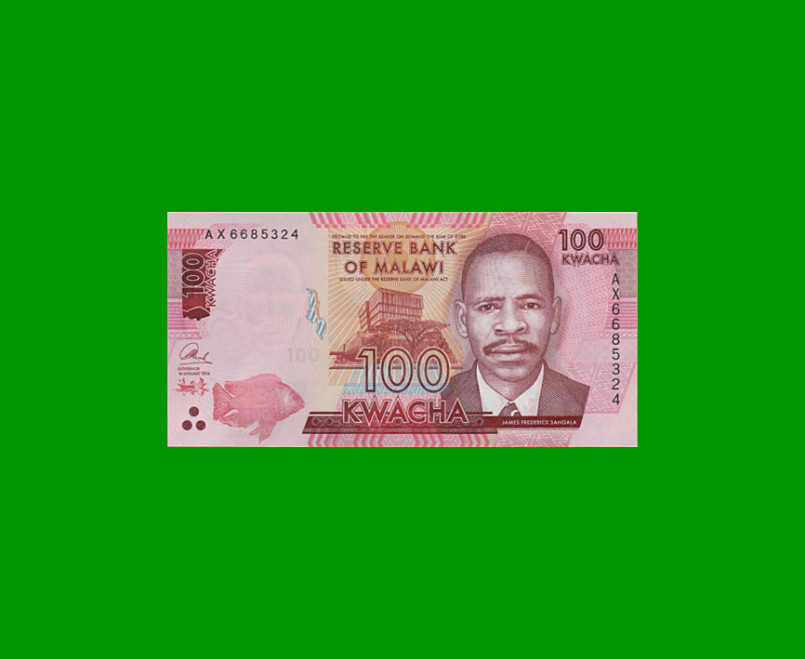 BILLETE DE MALAWI 100 KWACHA, PICK 65, AÑO 2014 ESTADO SIN CIRCULAR.-