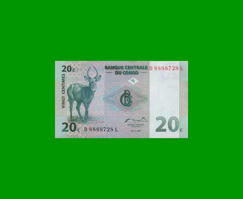 BILLETE DE CONGO 20 FRANCOS, PICK 83, AÑO 1997, ESTADO SIN CIRCULAR.-