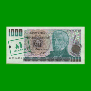 PESOS ARGENTINOS $1.000,00 RESELLADO A 1 AUSTRAL, BOT 2702,PICK 317b, ESTADO EXCELENTE+.