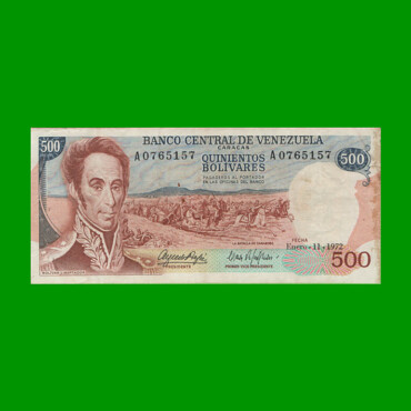 BILLETE DE VENEZUELA 500 BOLIVARES, PICK 56b, AÑO 1972, ESTADO MUY BUENO.-