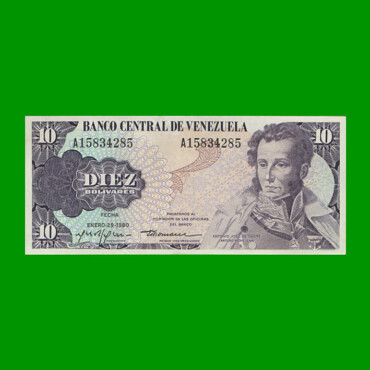 BILLETE DE VENEZUELA 10 BOLIVARES, PICK 57, AÑO 1980, ESTADO EXCELENTE.-