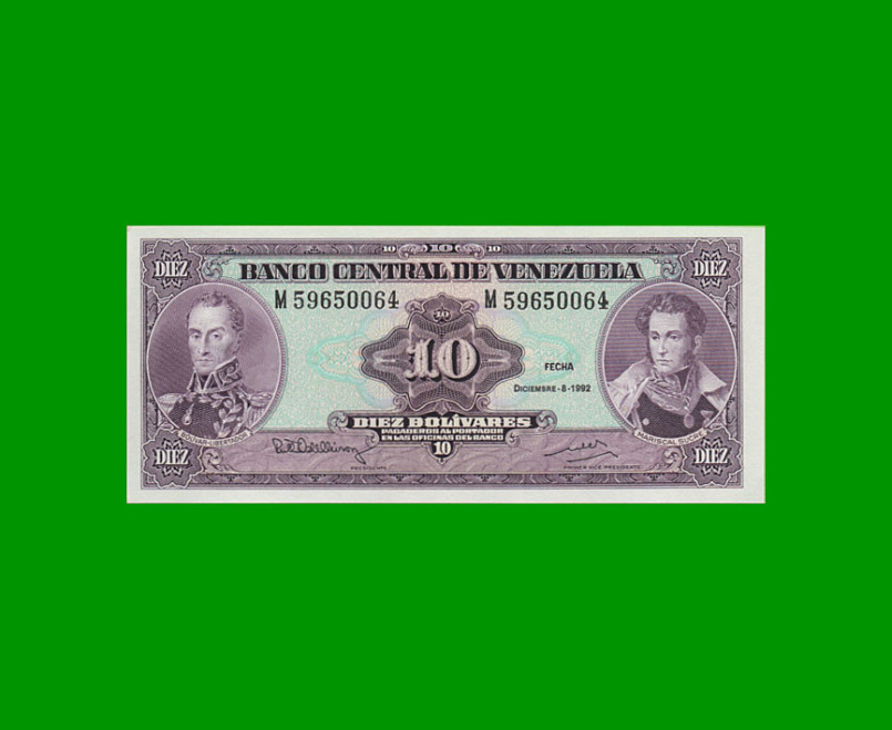 BILLETE DE VENEZUELA 10 BOLIVARES, PICK 61c, AÑO 1992, ESTADO SIN CIRCULAR.-