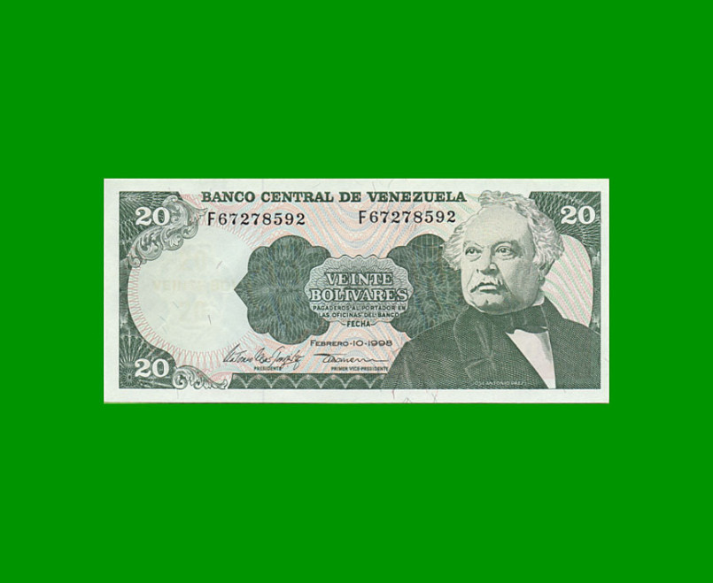 BILLETE DE VENEZUELA 20 BOLIVARES, PICK 63f, AÑO 1998, ESTADO EXCELENTE+. -