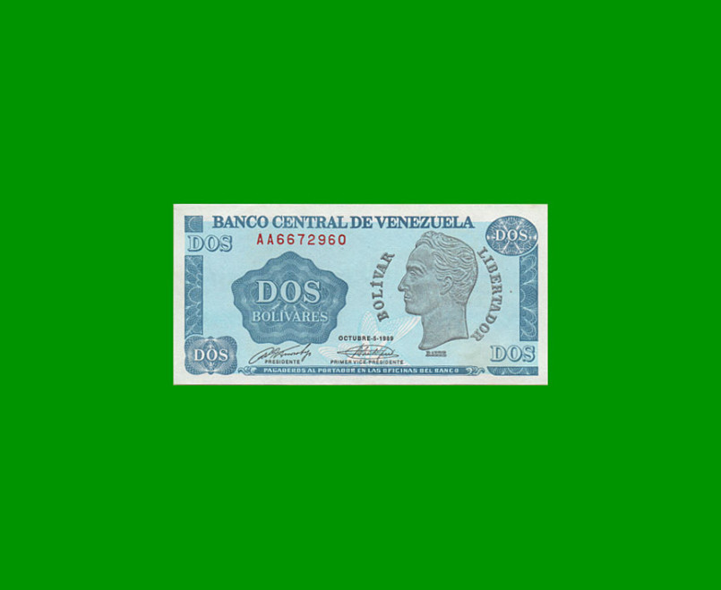 BILLETE DE VENEZUELA 2 BOLIVARES, PICK 69, AÑO 1989, ESTADO EXCELENTE+. -