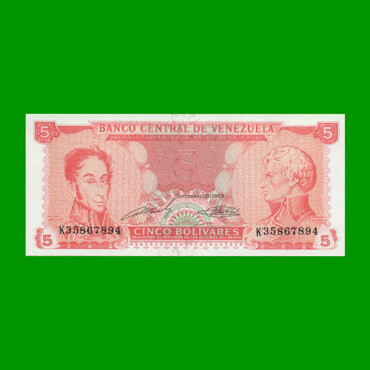 BILLETE DE VENEZUELA 5 BOLIVARES, PICK 70b, AÑO 1989, ESTADO SIN CIRCULAR.-