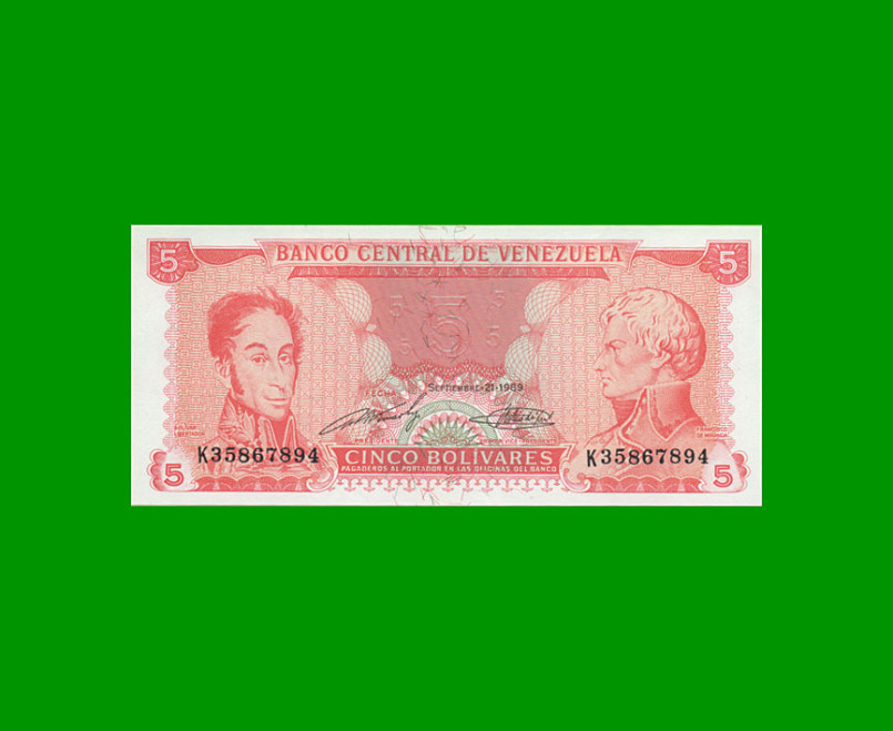 BILLETE DE VENEZUELA 5 BOLIVARES, PICK 70b, AÑO 1989, ESTADO SIN CIRCULAR.-