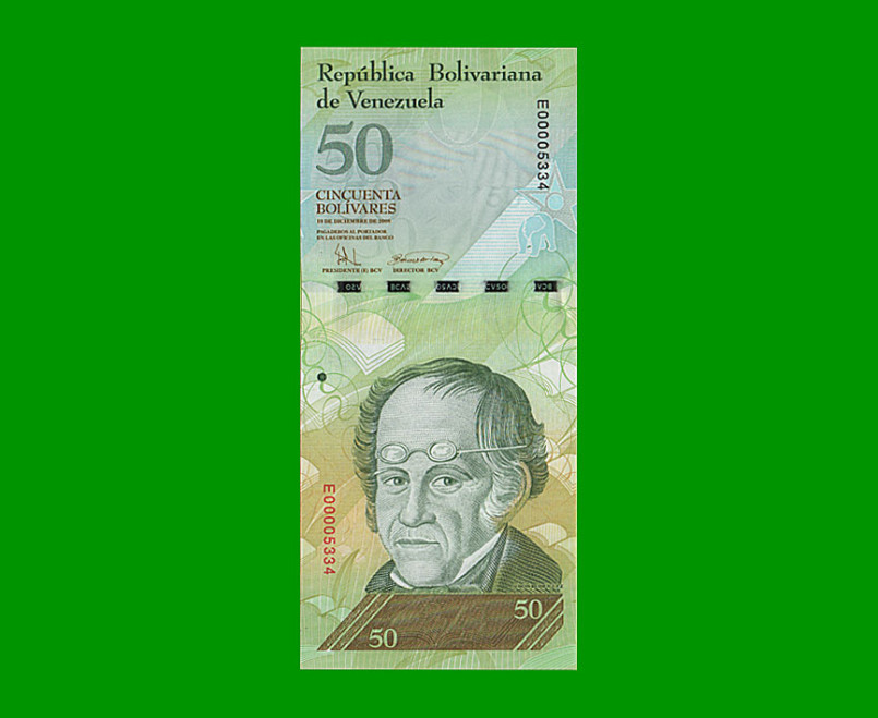 BILLETE DE VENEZUELA 50 BOLIVARES, PICK 92c, AÑO 2008, ESTADO SIN CIRCULAR.