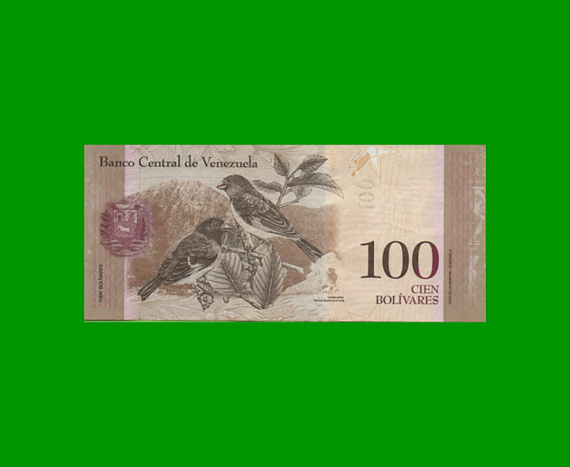 BILLETE DE VENEZUELA 100 BOLIVARES, PICK 93f, AÑO 2012, ESTADO MUY BUENO. - Imagen 2