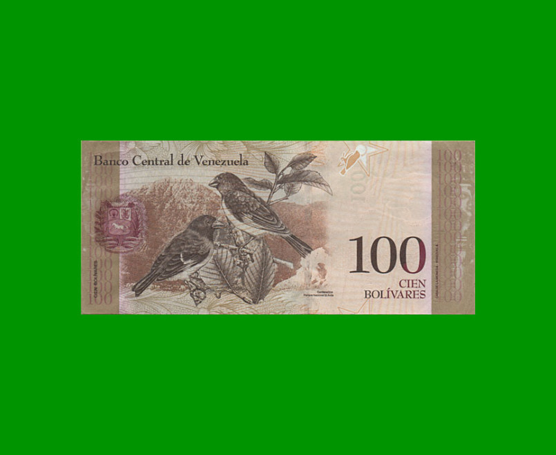 BILLETE DE VENEZUELA 100 BOLIVARES, PICK 93i, AÑO 2015, ESTADO MUY BUENO+. - - Imagen 2