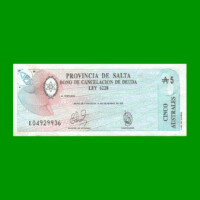 BONO DE SALTA 5,00 DE AUSTRALES, EC 059, AÑO 1987, ESTADO MUY BUENO+.