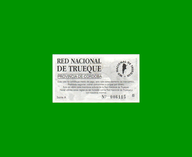 BONO RED NACIONAL DE TRUEQUE PROV. DE CORDOBA, 1 CREDITO, MG 1787, ESTADO SIN CIRCULAR.- - Imagen 2