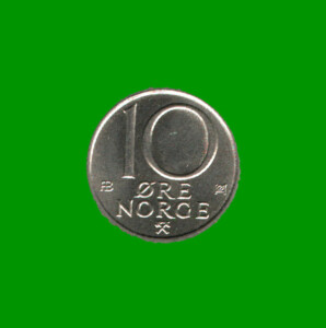 MONEDA DE NORUEGA 10 ORE, AÑO 1975, ESTADO USADA.-