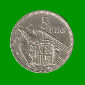 MONEDA DE ESPAÑA 5 PASETAS, AÑO 1957, ESTADO USADA.-