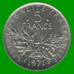 MONEDA DE FRANCIA 5 FRANCOS, AÑO 1971, ESTADO USADA.-