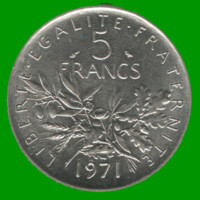 MONEDA DE FRANCIA 5 FRANCOS, AÑO 1971, ESTADO USADA.-