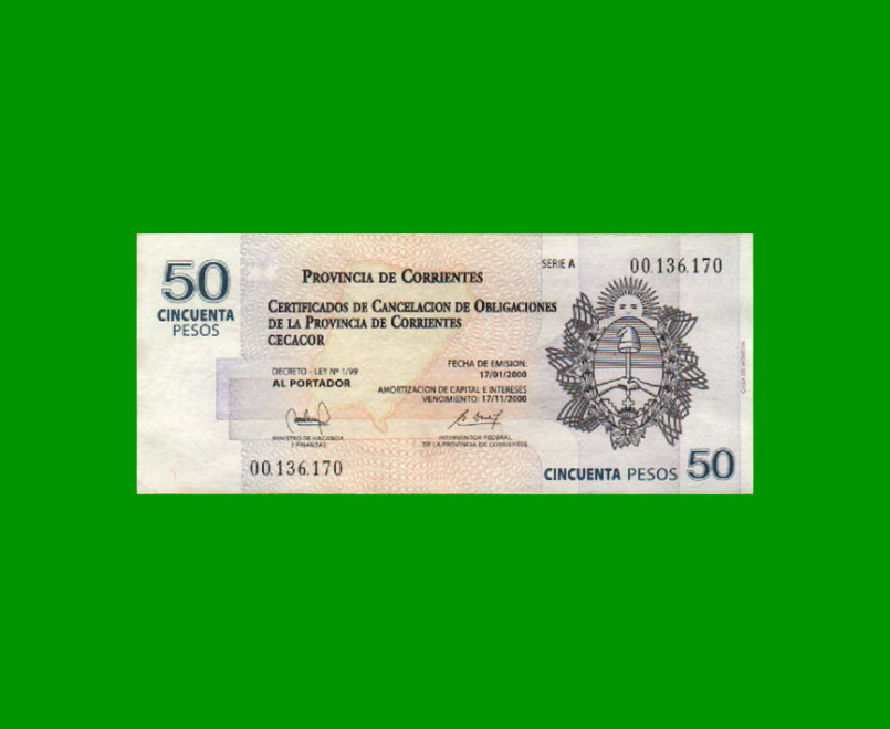 BONO CORRIENTES $50,00, EC 321, SERIE A, ESTADO MUY BUENO+.-