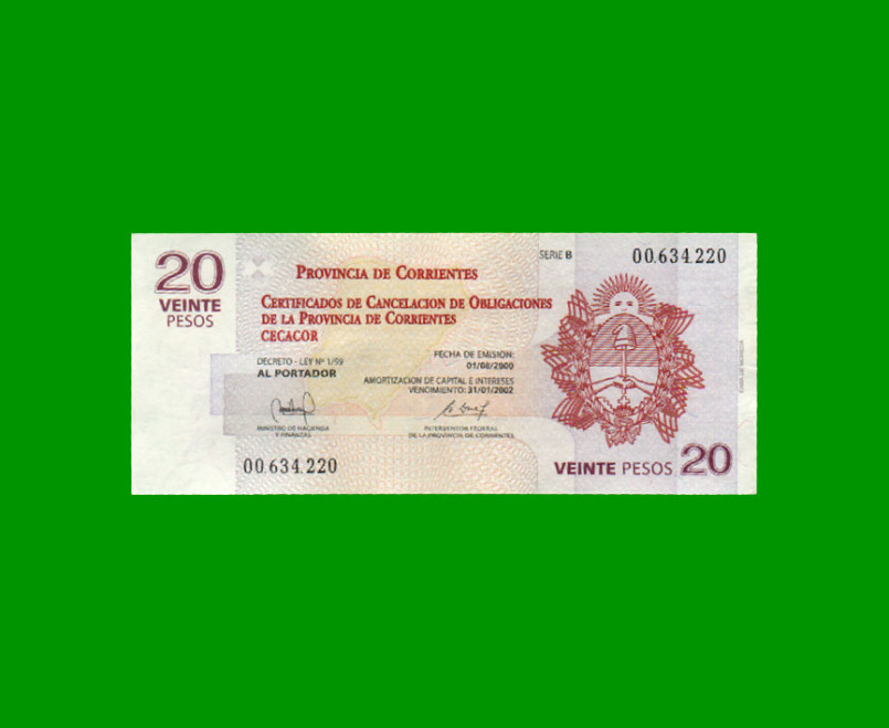 BONO CORRIENTES $20,00, EC 320, SERIE B, ESTADO EXCELENTE.-