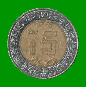MONEDA DE MEXICO 5 PESOS, BIMETALICA, AÑO 2007, ESTADO USADA.-