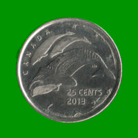 MONEDA DE CANADA 25 CENTAVOS, AÑO 2013, CONMEMORATIVA, BALLENAS, ESTADO NUEVA.-