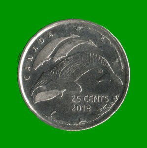 MONEDA DE CANADA 25 CENTAVOS, AÑO 2013, CONMEMORATIVA, BALLENAS, ESTADO NUEVA.-