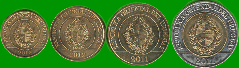 URUGUAY SET DE CUATRO MONEDAS 1, 2, 5 Y 10 PESOS, AÑO 2011/ 2012, ESTADO NUEVAS.- - Imagen 2