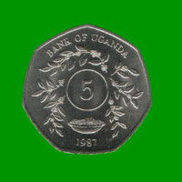 MONEDA DE UGANDA 5 CHELINES, AÑO 1987, ESTADO NUEVA.-