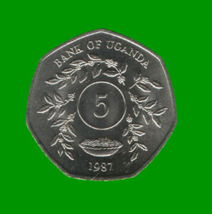 MONEDA DE UGANDA 5 CHELINES, AÑO 1987, ESTADO NUEVA.-