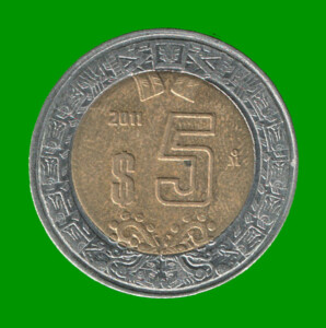 MONEDA DE MEXICO 5 PESOS, BIMETALICA, AÑO 2011, ESTADO USADA.-