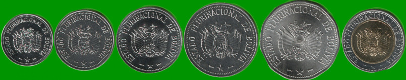 BOLIVIA SET DE SEIS MONEDAS 10, 20 Y 50 CENTAVOS Y 1, 2, 5 BOLIVIANOS (BIMETALICA), AÑO 2012/2017, ESTADO NUEVAS.- - Imagen 2