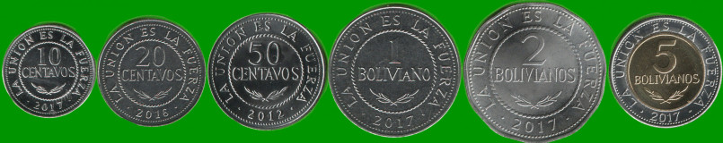 BOLIVIA SET DE SEIS MONEDAS 10, 20 Y 50 CENTAVOS Y 1, 2, 5 BOLIVIANOS (BIMETALICA), AÑO 2012/2017, ESTADO NUEVAS.-