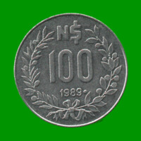 MONEDA DE URUGUAY  100 NUEVOS PESOS, AÑO 1989, ESTADO USADA.-