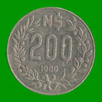 MONEDA DE URUGUAY  200 NUEVOS PESOS, AÑO 1989, ESTADO USADA.-