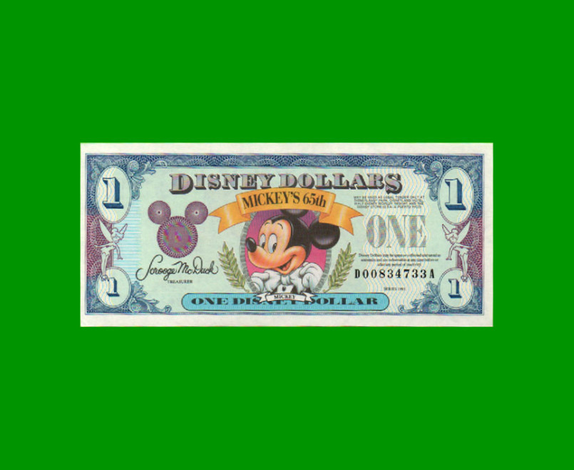 BILLETE DE EEUU DISNEY 1 DOLAR, FANTASIA, AÑO 1993, ESTADO EXCELENTE+ .-