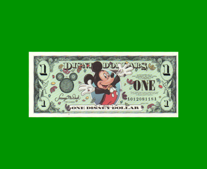 BILLETE DE EEUU DISNEY 1 DOLAR, FANTASIA, AÑO 2000, ESTADO SIN CIRCULAR.-