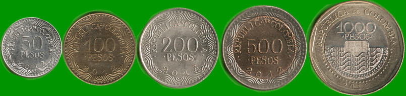 COLOMBIA SET DE CINCO MONEDAS 50, 100, 200, 500 Y 1.000 PESOS, AÑO 2012/ 2013, ESTADO NUEVAS.-